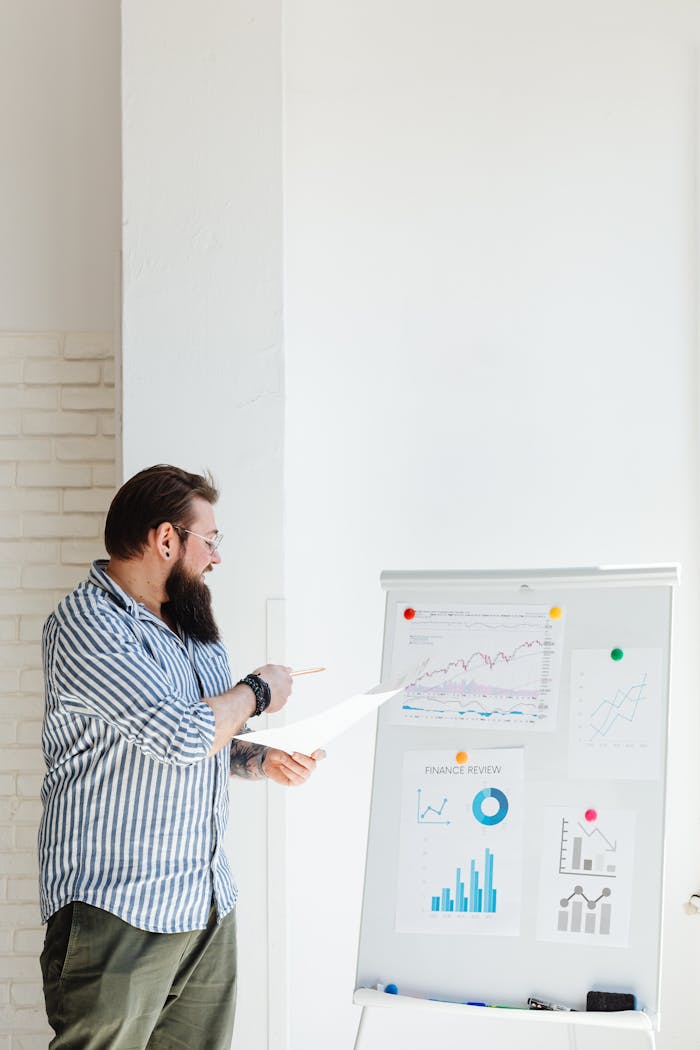 A bearded man presents financial charts and graphs, discussing data and statistics on a whiteboard.